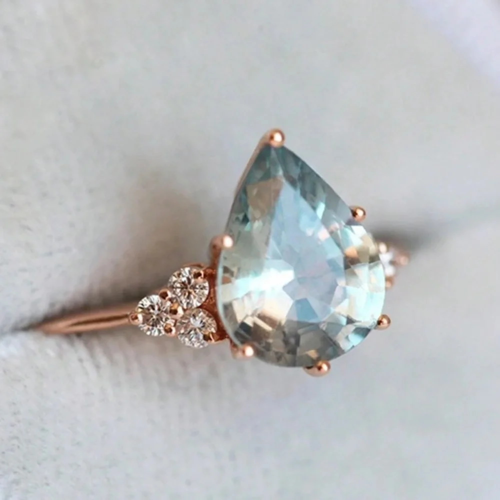 Elegant Rose Gold Plated and Blue Pear Gemstone Fairycore Ring - Picture 1 of 9